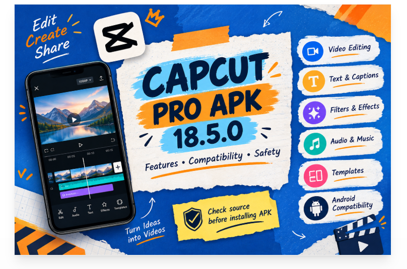 CapCut Pro APK 18.5.0 features overview: video editing, text and captions, filters and effects, audio and music, templates, and Android compatibility