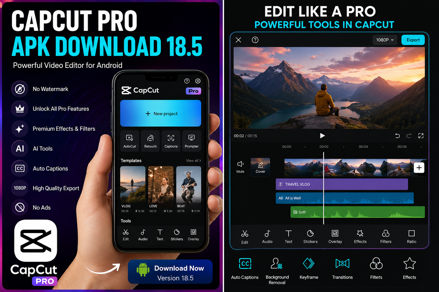 CapCut Pro APK download 18.5, no watermark, unlock all Pro features, AI tools, auto captions, high quality export