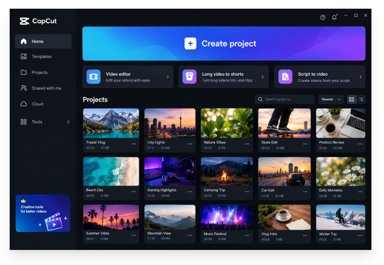 CapCut desktop interface showing the projects dashboard with video editor, long video to shorts, and script to video tools
